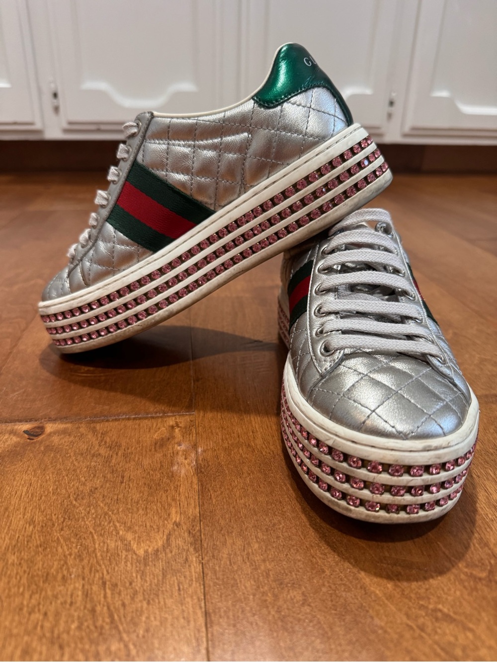 Gucci Silver Quilted Platform Sneakers with Green-Red Web and Pink Crystal Trim